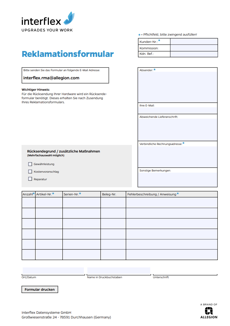 Darstellung Interflex-Rücksendeformular