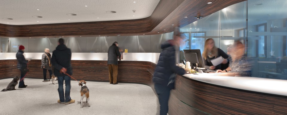 Bureau d'accueil avec des gens qui patientent ou sont au comptoir de Raiffeisenbank Seefeld