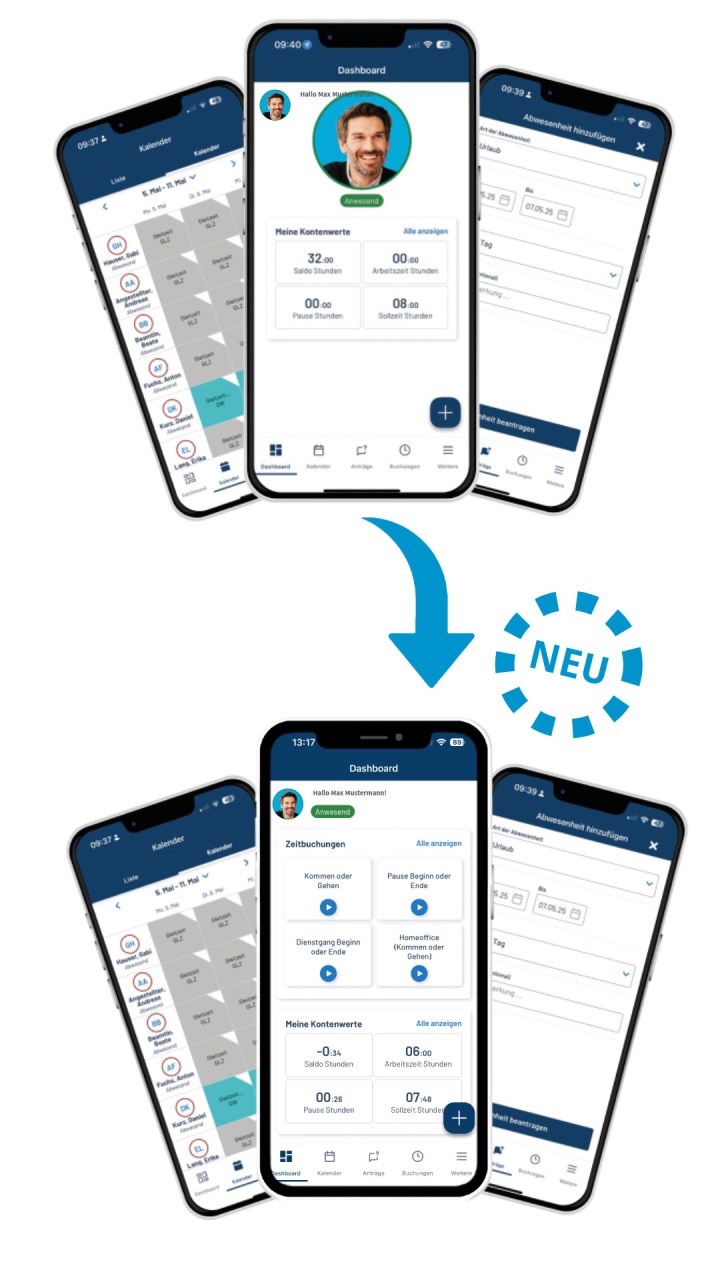 Sechs Screenshots der Interflex "teamtime" App
